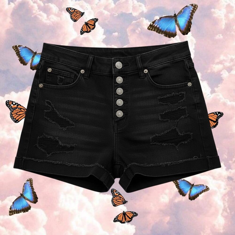 American Eagle Ne(x)t level stretch super high rise black distressed shorts